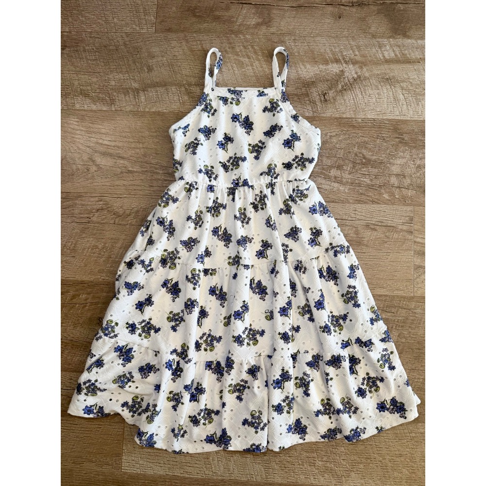 Heart and Arrow Girls White Blue Floral Eyelet Tiered Dress Size 10